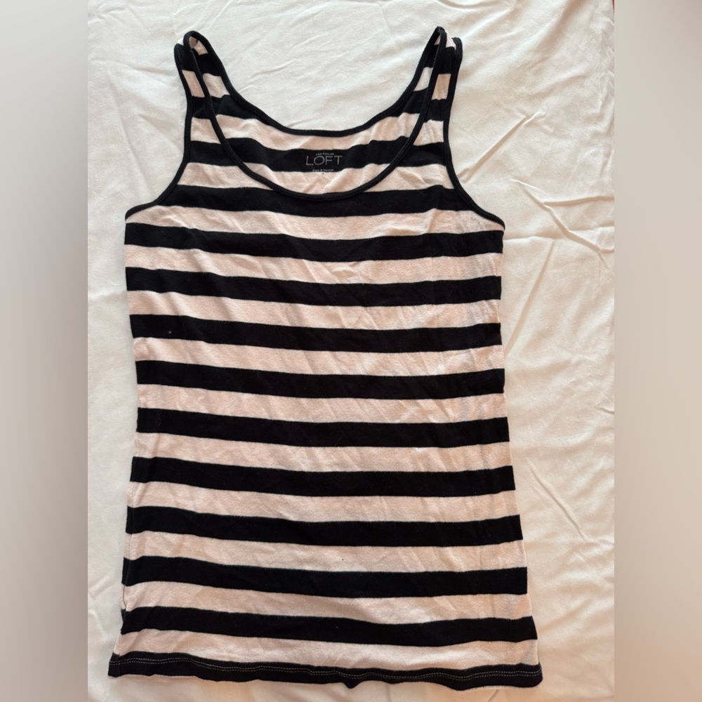LOFT Fitted Black and White Striped Tank Top